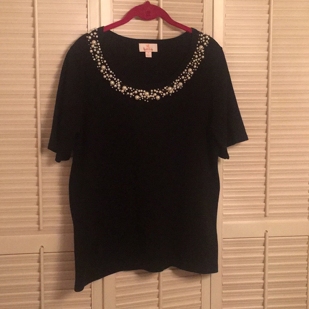 Black Quacker Factory dressy top (pearl neckline)